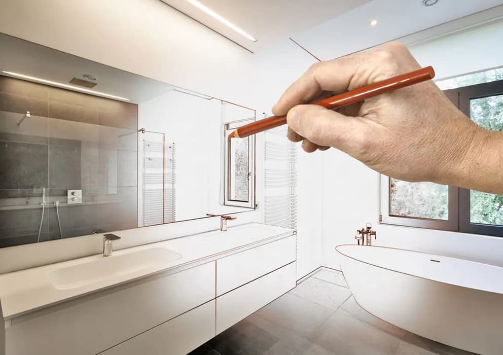 Badplanung – halb als Skizze, halb als fertiges Badezimmer